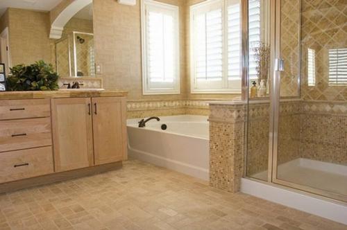 bathroom-ceramic-tile-floor-double-swing-glass-door-using-black-door-handle-corner-clear-glass-shower-room-brown-tiled-wall-panel-large-space-marble-decoration--792x527