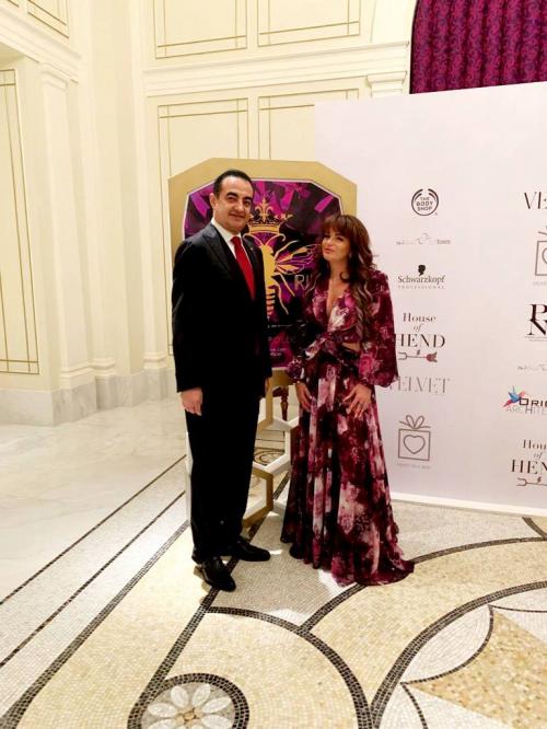 Mohamed Dekkak and Lorena Rivero (creative Director of LORRIVE) at the Royal Gala Fashion Show at Palazzo Versace Dubai