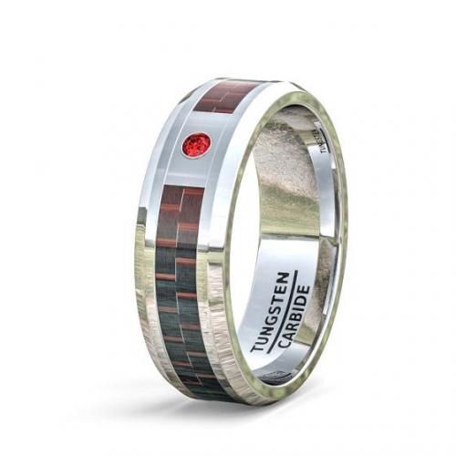 FASHION RING 8MM CLASSIC TUNGSTEN RING RED CARBON FIBER CUBIC ZIRCON COMFORT FIT