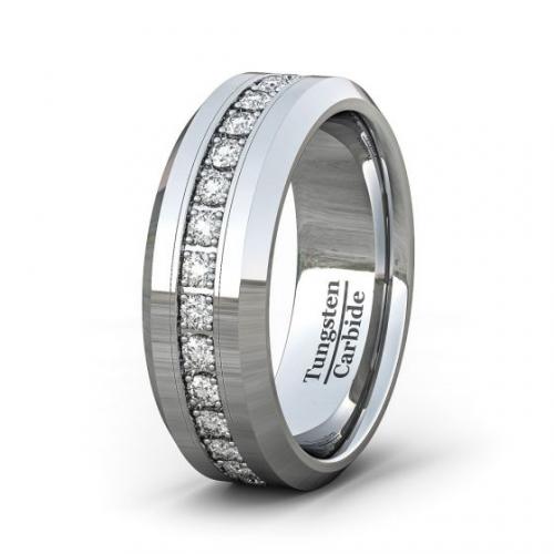 FASHION RING CLASSIC 8MM TUNGSTEN RING POLISHED FULLY STACKED CUBIC ZIRCON BEVELED EDGE COMFORT FIT