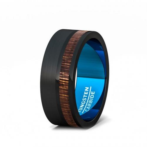 8MM BRUSHED BLACK TUNGSTEN RING WITH WOOD FLAT EDGEBLUE COMFORT FIT