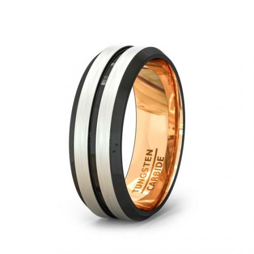 TUNGSTEN RING ROSE GOLD WITH BLACK GROOVE AND BEVELED EDGE COMFORT FIT