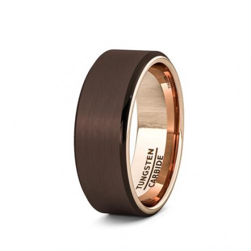 FASHION RING RARE BROWN TUNGSTEN RING INSIDE ROSE GOLD BEVELED EDGE COMFORT FIT