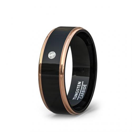 FASHION RING 8MM BLACK TUNGSTEN RINGS ROSE GOLD BEVELED EDGES WITH CUBIC ZIRCON COMFORT FIT