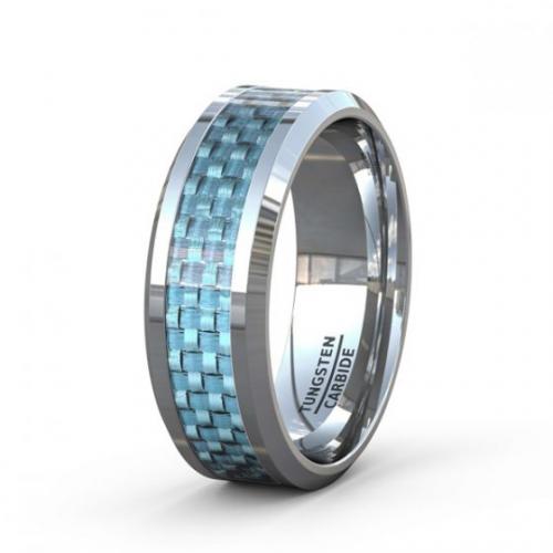 TUNGSTEN RING POLISHED 8MM WITH BLUE CARBON FIBER INLAY BEVELED EDGE COMFORT FIT