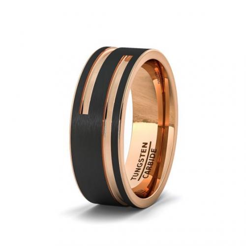 BLACK TUNGSTEN RING ROSE 2 ROSE GOLD SIDE GROOVE FLAT EDGE COMFORT FIT