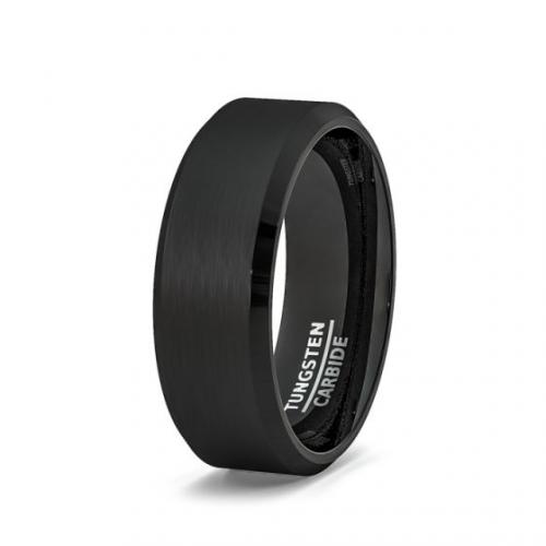 FASHION RING SOLID 8MM BLACK BRUSHED BEVELED EDGE TUNGSTEN RING 8MM COMFORT FIT