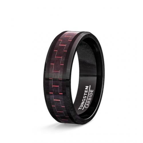 BLACK TUNGSTEN RING RED CARBON FIBER POLISHED BEVELED EDGE COMFORT FIT