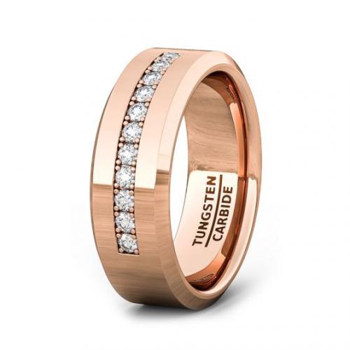 8MM ROSE GOLD TUNGSTEN CARBIDE RING WITH 9 CUBIC ZIRCON MENS WEDDING BAND