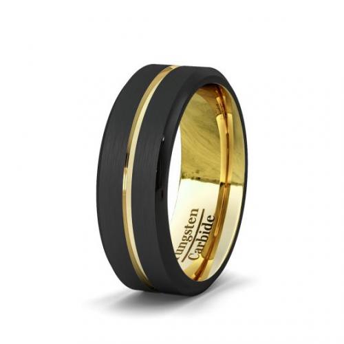 FASHION RING BLACK 8MM GOLD TUNGSTEN RING GROOVE BEVELED EDGE COMFORT FIT