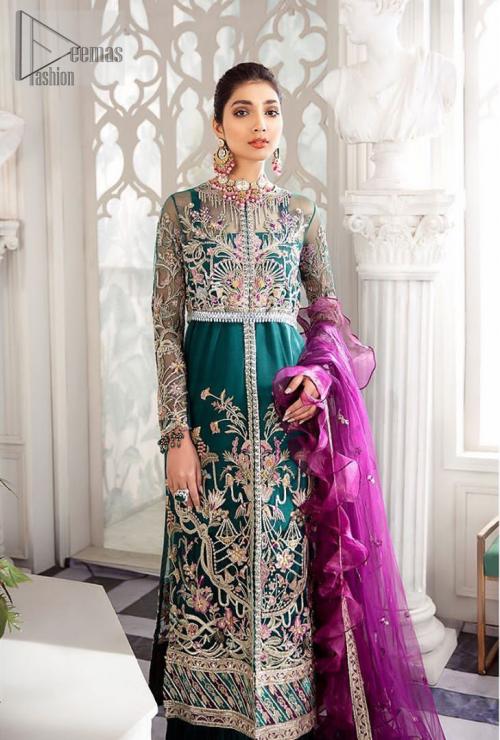 Green-front-open-long-shirt-sharara-1