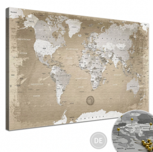Stretched Canvas Print - World Map of Nature - Pinboard, German