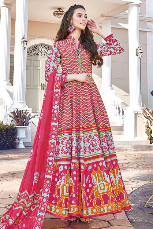 Anarkali Suits in Red Silk Patola Print