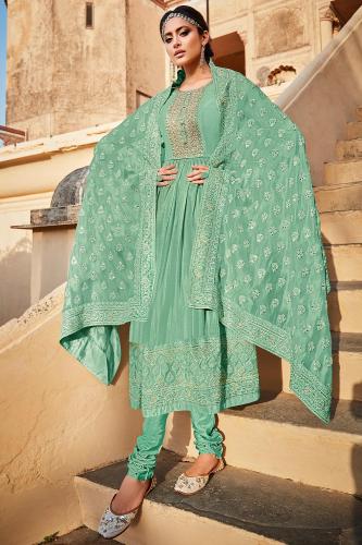 Aqua Green Silk Anarkali Churidar Suits