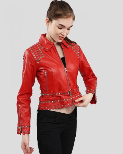 Checkouti Sabel Red Studded Leather Jacket By NYC Leather Jackets